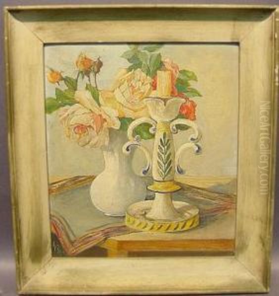 Roses And Candlestick Oil Painting by Henri Rovel