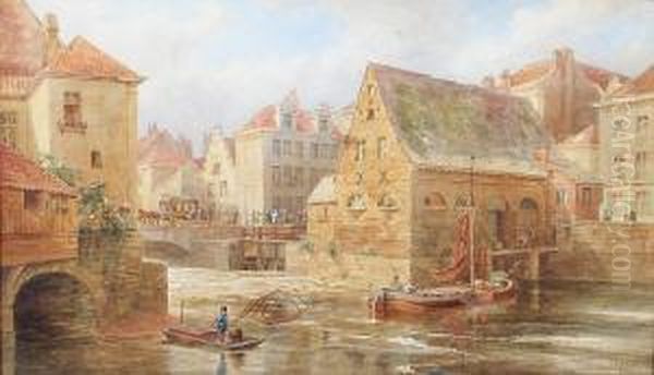 A Continental Riverside Town Oil Painting by George Row Clarke