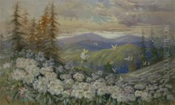 Untitled - Flowers And Butterflies On Hill Side Oil Painting by Marian Ellis Rowan