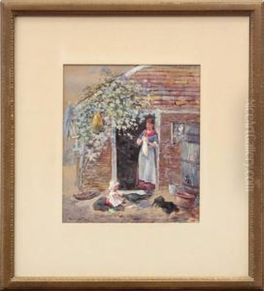 Mother Watching Child Feed Chickens Oil Painting by Charles Rowbotham