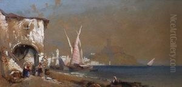 View Along The Mediterranean Coast With Figures Oil Painting by Thomas Charles Leeson Rowbotham