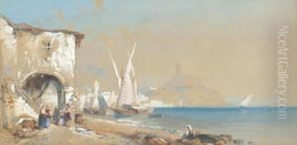 Figures On The Neapolitan Coast With Xebecs On The Beach Drying Their Sails Oil Painting by Thomas Charles Leeson Rowbotham