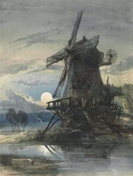 A Windmill Beside A River, Moonlight Oil Painting by Thomas Leeson Rowbotham