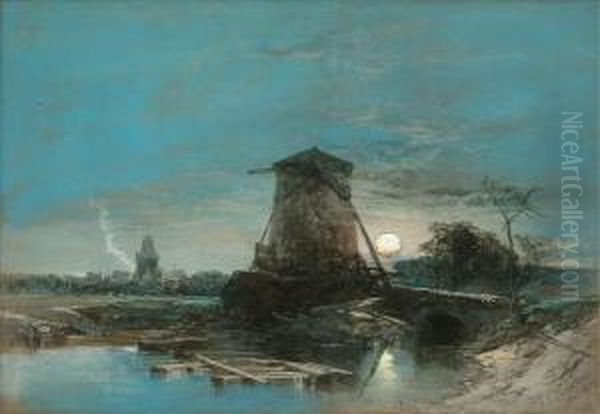 Moonlit Dutch Landscape Oil Painting by Thomas Leeson Rowbotham