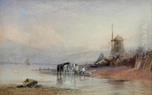 Fisherfolk With Heavy Horses By A Windmill On A Seashore Oil Painting by Thomas Leeson Rowbotham