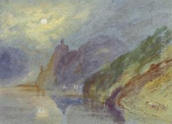 A Castle On A Rocky Promontory By Moonlight Oil Painting by George James Rowe