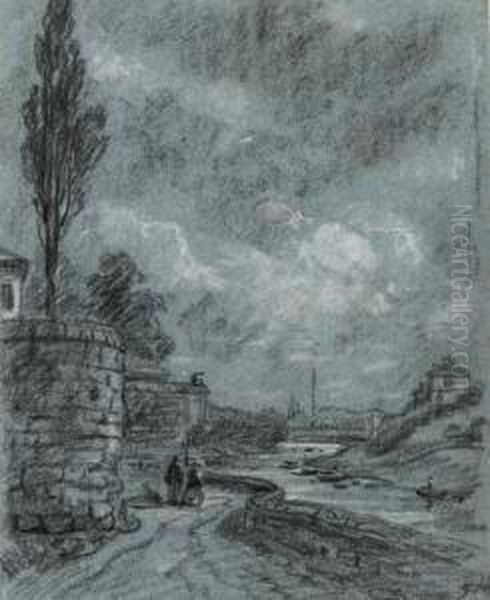 Figures Below Castle Ramparts On The Banks Of A River Oil Painting by George James Rowe