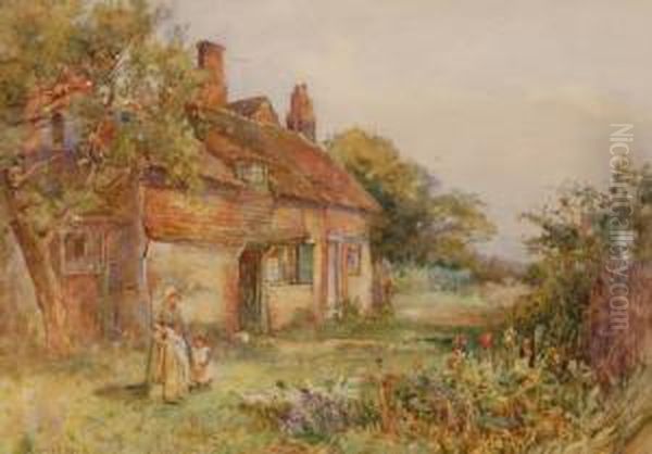 Womanand Child Feeding Geese Outside A Country Cottage Oil Painting by Sidney Grant Rowe