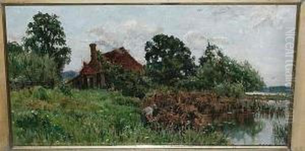 Cottage And Figure By A Riverside Oil Painting by Sidney Grant Rowe