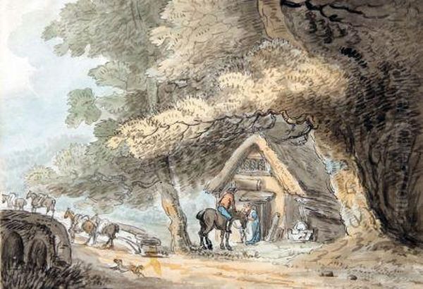 Rustics Before A Cottage With Bridge Beyond Oil Painting by Thomas Rowlandson