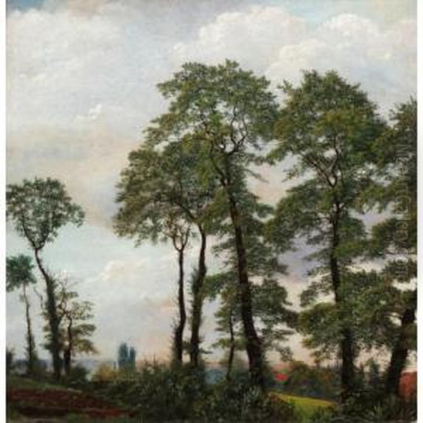 A Wooded Landscape Oil Painting by E. Rowley