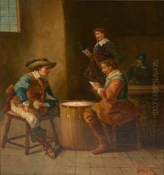 An Interior Scene With Men Playing Cards Oil Painting by B. Roybet