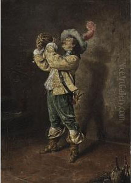 Cavalier Drinking From A Wine Keg; Cavalier Enjoying A Glass Of Ale Oil Painting by Ferdinand Victor Leon Roybet