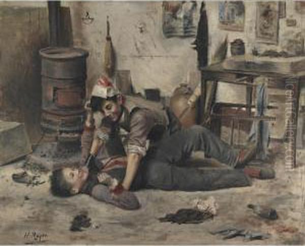 Young Boys Wrestling Oil Painting by Henri Royer