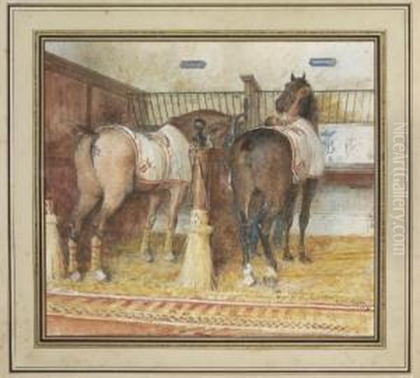 Two Horses And A Groom, In A Loose Box Oil Painting by Lionel Noel Royer