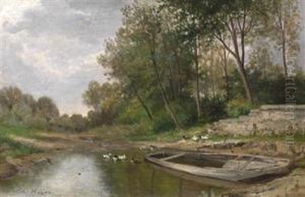 Landscape Withducks On A Pond Oil Painting by Jules Rozier