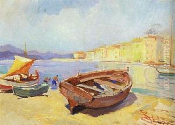 Barques A Saint Tropez Oil Painting by Vladimir Rozmainsky