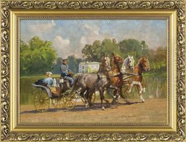 Drive In A Carriage In Four Horses Oil Painting by Zygmunt Rozwadowski