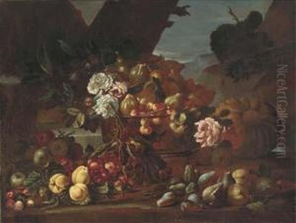 Cherries, Figs, And Roses In A Glass Bowl With Apples, Figs Andcherries On A Ledge In A Clearing Oil Painting by Felice Rubbiani