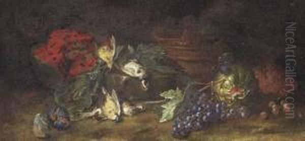 A Watermelon, Figs, Dead Birds And Grapes On The Vine In Aclearing Oil Painting by Felice Rubbiani