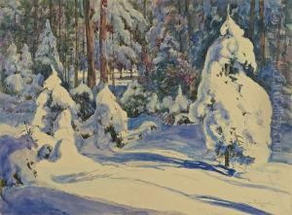 Forest In Snow Oil Painting by Jan Rubczak