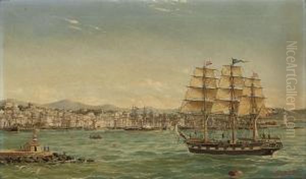 The Three Master Adria Entering Gorizia Harbour Oil Painting by Ludwig Rubelli Von Sturmfest