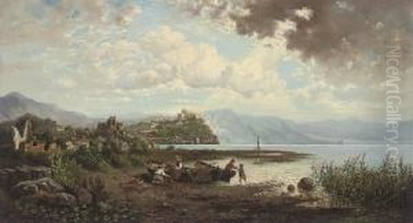 Fisherfolk Mending Nets Before A Citadel, Gorizia Oil Painting by Ludwig Rubelli Von Sturmfest