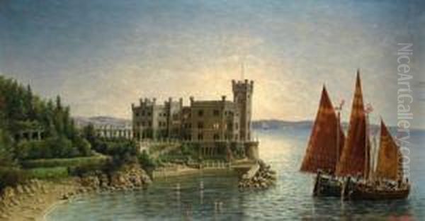 Blick Auf Schlos Miramare Im Hintergrund Triest Oil Painting by Ludwig Rubelli Von Sturmfest