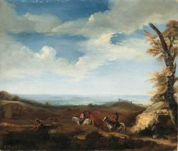 Paesaggio Con Cavalieri E Pescatori Oil Painting by Ludvig Ruben