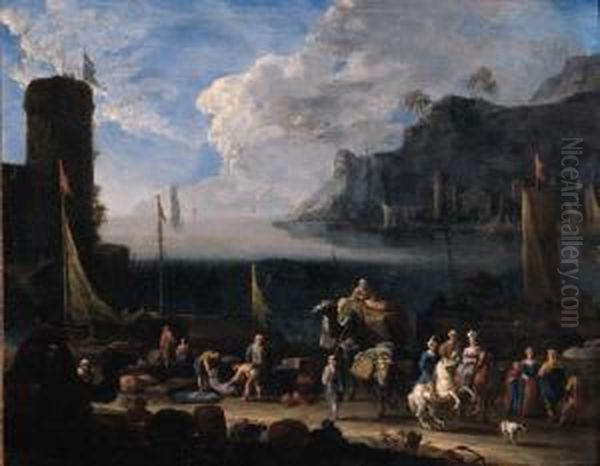 A Mediterranean Harbour With Merchants Unloading Cargo And Eleganttravellers On A Quay, At Sunset Oil Painting by Arnold Frans Rubens