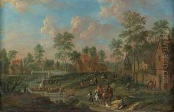 River Landscapes With Travellers In Villages Oil Painting by Arnold Frans Rubens