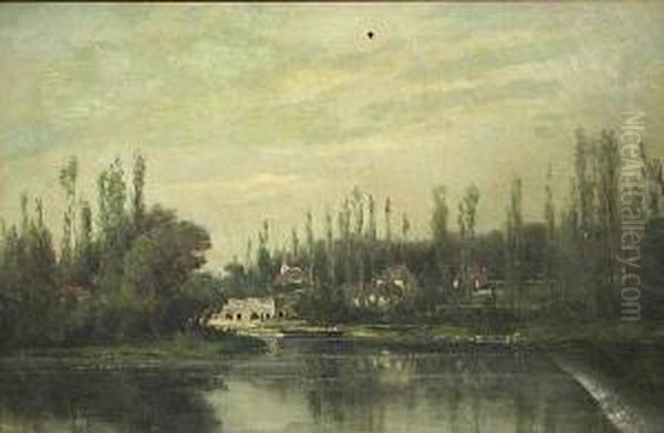 A River Landscape With Poplars Along The Riverbank Oil Painting by Peter Edward Rudell