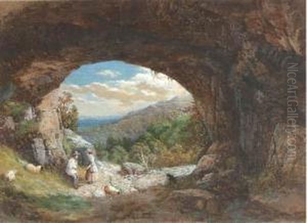 Figures At The Entrance To A Cave, An Extensive Landscape Beyond Oil Painting by Bradford Rudge