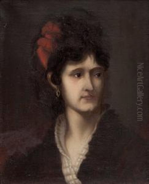 Portrait Einer Dame Mit Roter Masche Im Haar Oil Painting by L. Rudhart