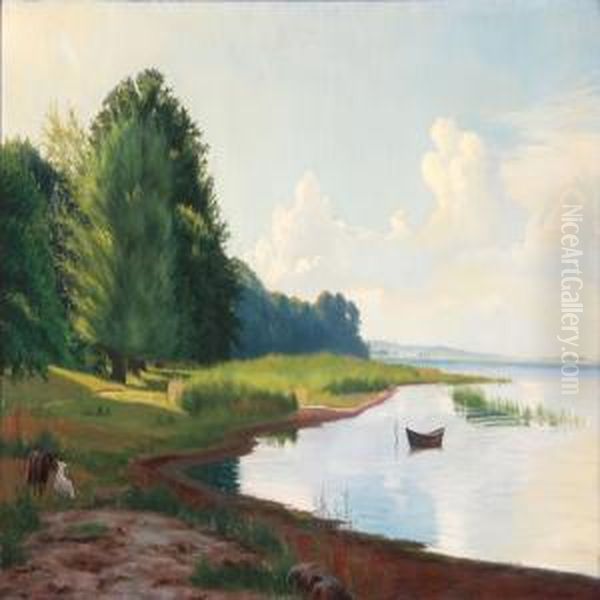 Summer Idyll At A Bay With Grazing Sheeps Oil Painting by Albert Rudinger