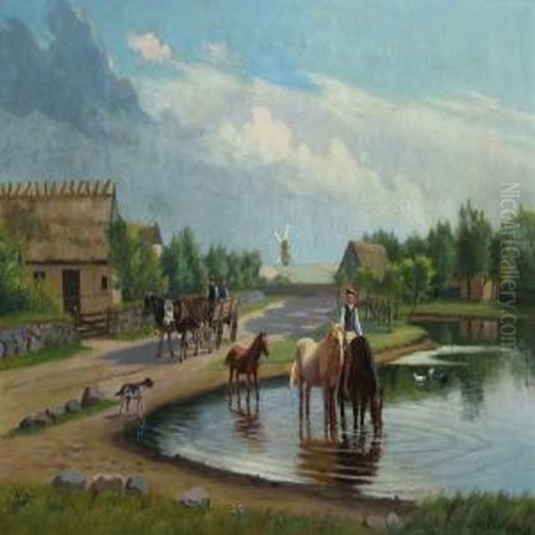 Villagescape With Ox-cart And Horses Oil Painting by Albert Rudinger