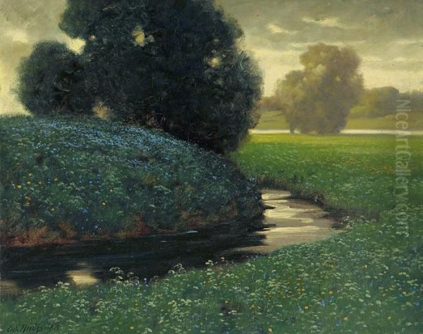 Bluhende Wiese Mit Bachlauf Oil Painting by Eduard Rudisuhli