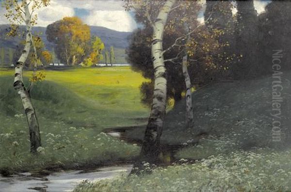 Herbstlandschaft Mit Birken An Einem Bach Oil Painting by Eduard Rudisuhli