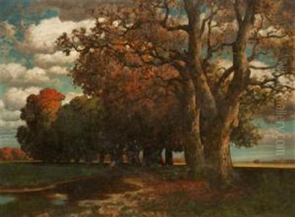 An Autumn Landscape Oil Painting by Hermann Traugott Rudisuhli