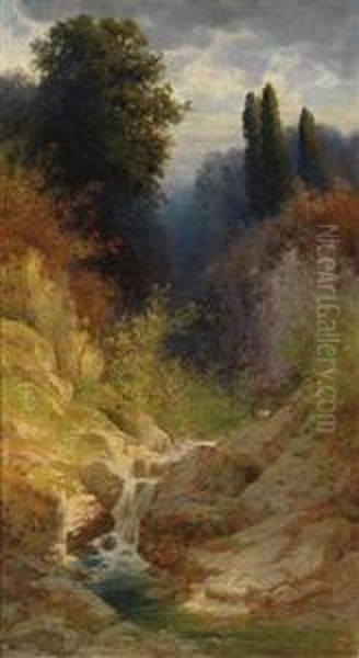 Woodland Landscape With Running Stream Oil Painting by Hermann Traugott Rudisuhli