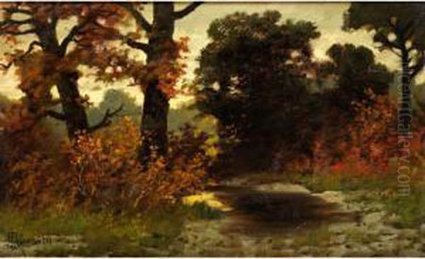 Herbstlich Verfarbte Baume Am Waldrandmit Kleinem Wassertumpel Im Spatlicht Oil Painting by Hermann Traugott Rudisuhli