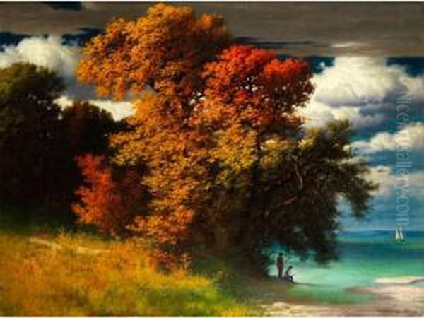 Herbstliche Seeuferlandschaft Mitbewegten Wolken Und Anglern Am Ufer Oil Painting by Hermann Traugott Rudisuhli