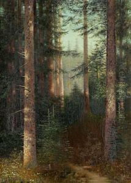 Waldweg Zwischen Baumen. Oil Painting by Michael Rudisuhli