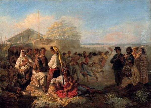 A Gypsy Encampment Oil Painting by Rudolf Kazimirovich Zhukovskii