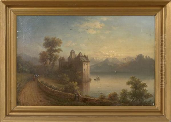 European Landscape With A Lakeside Castle And A Figure On A Path Oil Painting by Harold Rudolph