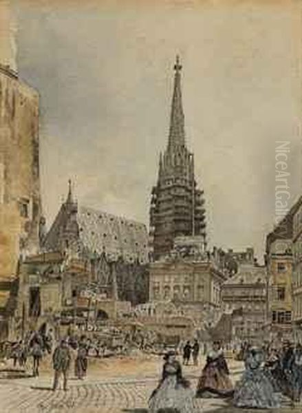 Construction In Front Of Saint Stephen's Cathedral, Vienna Oil Painting by Rudolf Ritter von Alt