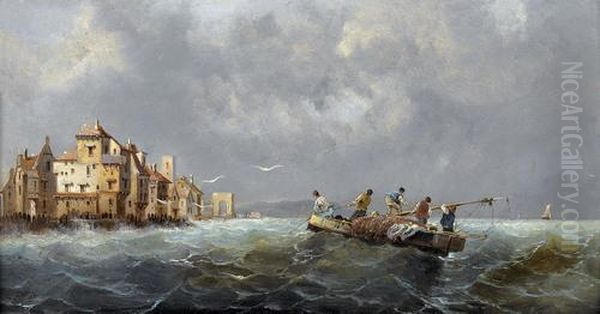 Bemanntes Boot Auf Sturmischer See Bei Pittoresker Stadt Oil Painting by A. Rueff