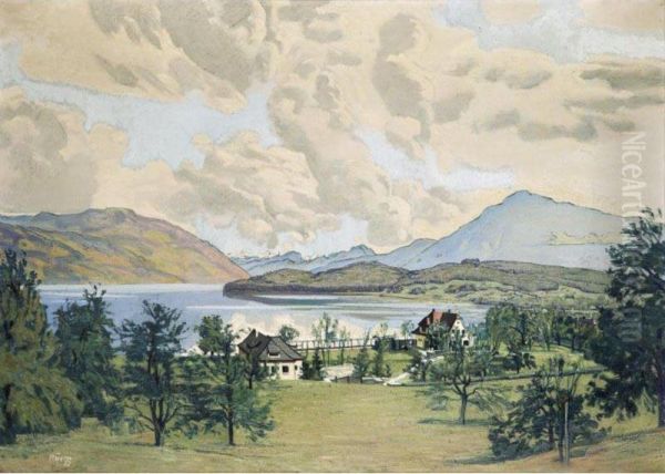 View From Risch Onto The Zug Lake With Rigi Oil Painting by Ernst Georg Ruegg