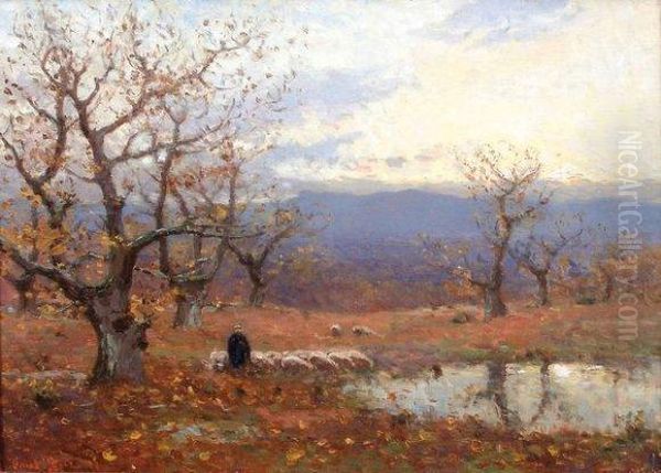 Bergere Et Son Troupeau Pres D'un Etang A La Fin Du Jour Oil Painting by Paul Ruet