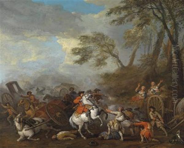 A Cavalry Skirmish Oil Painting by Georg Philipp I Rugendas